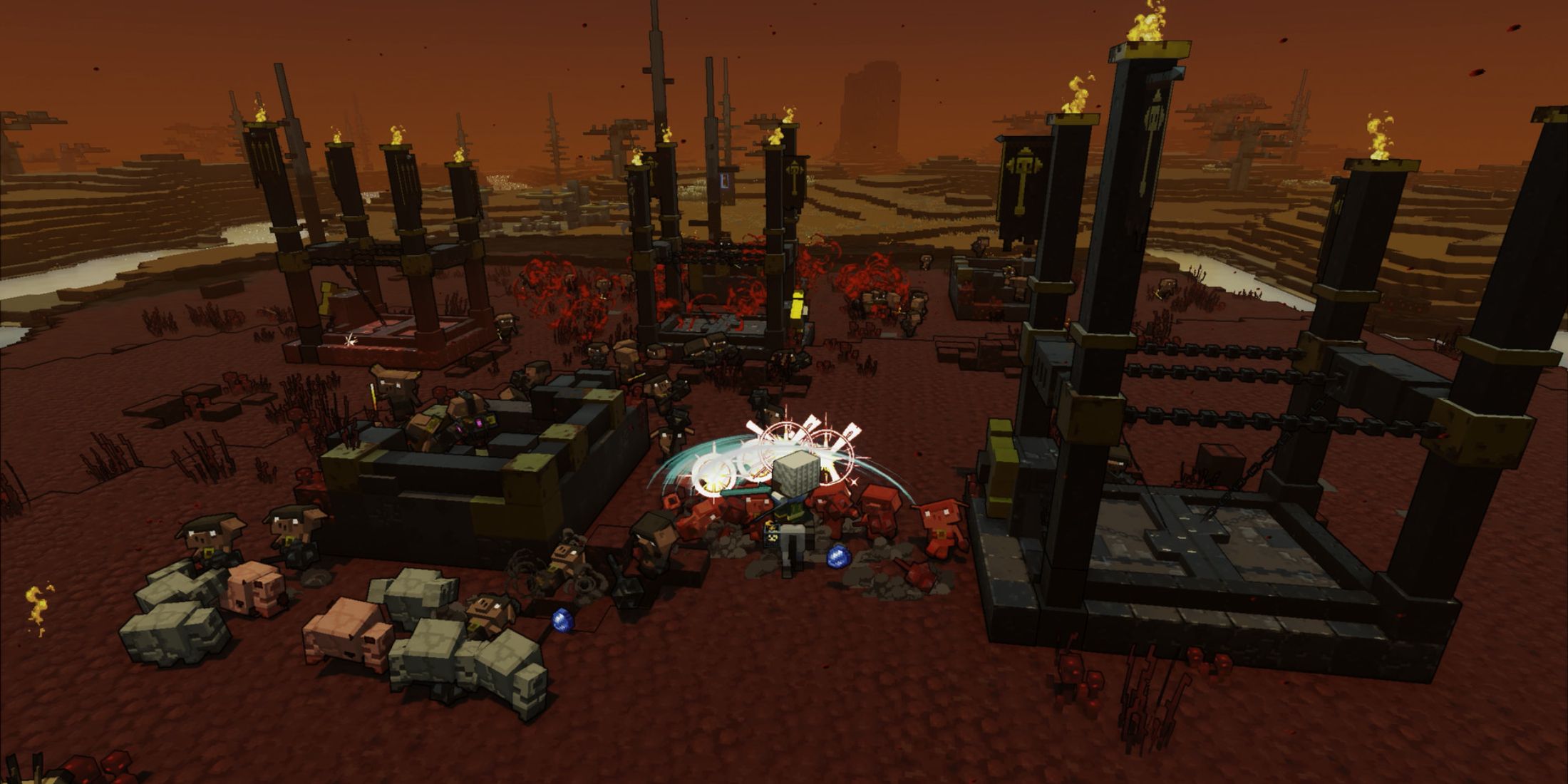 A Key Frame From Minecraft Legends Showing A PLayer Exploring A Dead Land Area