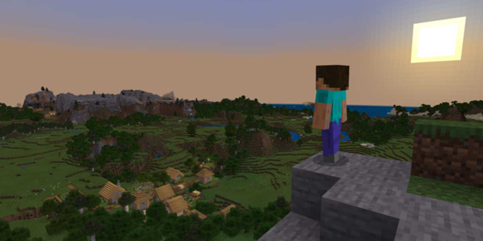 A Key Frame From Minecraft Showing Steve Overlooking An Open Plain