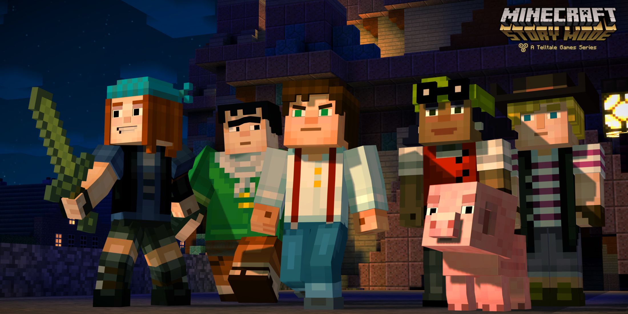 A Key Frame From Minecraft Story Mode Showing The game's Protagonists Standing In Action Poses
