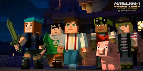 A Key Frame From Minecraft Story Mode Showing The game's Protagonists Standing In Action Poses