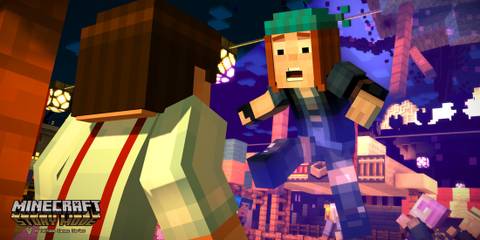 A Key Frame From Minecraft Story Mode Showing The Protagonists Interacting With A Portal-Like Construction