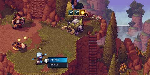 A Key Frame From Sea Of Stars Showing The Player's Party In Combat With A Singular Enemy On A Craggy Cliff-Edge