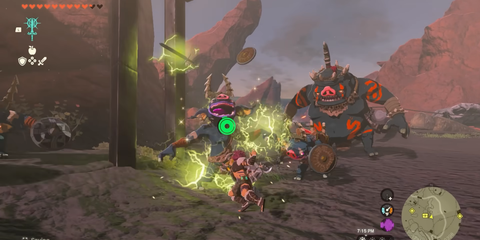 A Key Frame From The Legend Of Zelda Tears Of The Kingdom Showing The Player Approaching A Group Of Enemies With The Gleeok Horn Spear Equipped