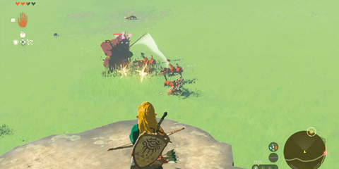 A Key Frame From The Legend Of Zelda Tears Of The Kingdom Showing The Player Approaching An Enemy With The Muddle Arrows Equipped