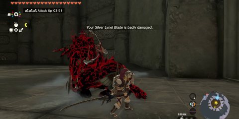 A Key Frame From The Legend Of Zelda Tears Of The Kingdom Showing The Player Approaching An Enemy With The Silver Lynel Blade Equipped