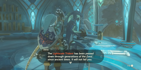 A Key Frame From The Legend Of Zelda Tears Of The Kingdom Showing The Player Approaching An NPC Talking About The Lightscale Trident