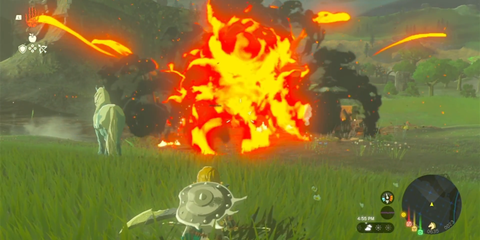 A Key Frame From The Legend Of Zelda Tears Of The Kingdom Showing The Player Attacking An Enemy With The Bomb Arrow Weapon