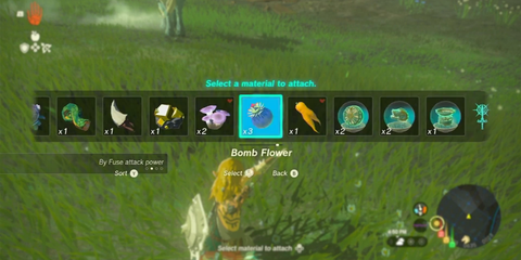 A Key Frame From The Legend Of Zelda Tears Of The Kingdom Showing The Player Interacting With The Bomb Flower In The Game's Pop-Up Menu