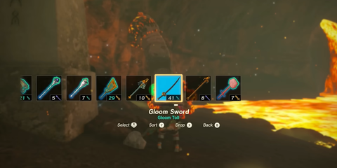 A Key Frame From The Legend Of Zelda Tears Of The Kingdom Showing The Player Interacting With The Gloom Sword In The Game's Pop-Up Menu