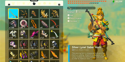 A Key Frame From The Legend Of Zelda Tears Of The Kingdom Showing The Player Interacting With The Silver Lynel Saber Horn In The Game's Menu