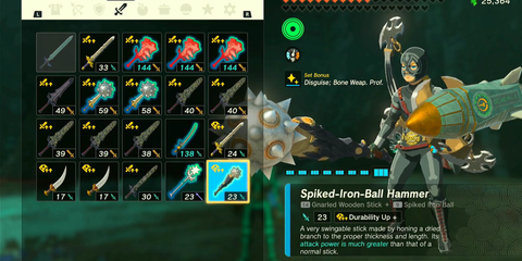 A Key Frame From The Legend Of Zelda Tears Of The Kingdom Showing The Player Interacting With The Spiked Iron-Ball Hammer In The Game's Menu
