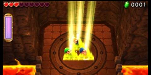A Key Frame From The Legend Of Zelda Triforce Heroes Showing An Illuminated Triforce being Stood On By Three Links
