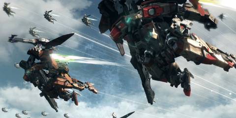 A Key Frame From Xenoblade Chronicles X Showing A Fleet Of Mechs Flying Through The Sky