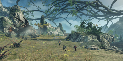 A Key Frame From Xenoblade Chronicles X Showing The Player's Party Running Across An Open Plain
