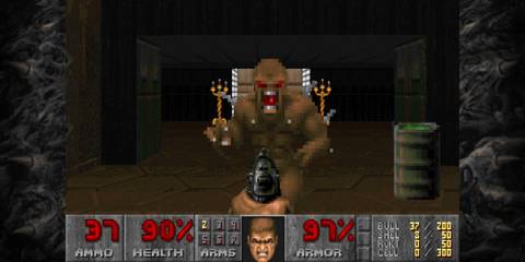 A Key Frame Showing A First-Person Perspective From Doom With The Player Wielding A Pistol Against An Enemy