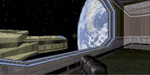 A Key Frame Showing A First-Person Perspective From Duke Nukem 3D With The Player Looking Out Of A Space Station Window