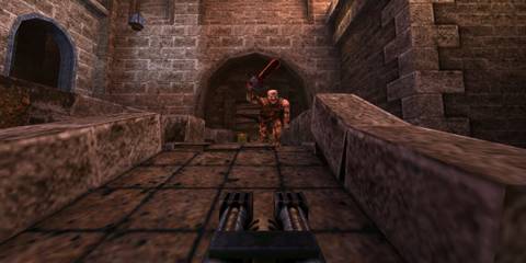 A Key Frame Showing A First-Person Perspective From Quake With The Player Wielding A Railgun Against An Enemy