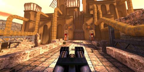 A Key Frame Showing A First-Person Perspective From Quake With The Player Wielding A Railgun While Exploring Ancient Ruins