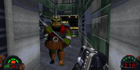 A Key Frame Showing A First-Person Perspective From Star Wars Dark Forces Remastered With Enemies Attacking The Player