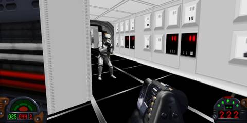 A Key Frame Showing A First-Person Perspective From Star Wars Dark Forces Remastered With Storm Troopers Attacking The Player