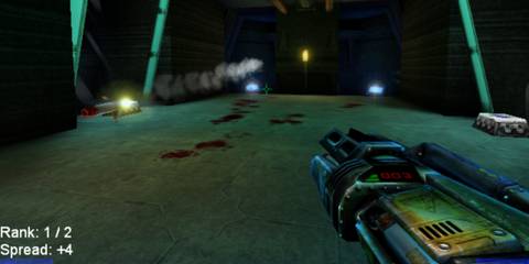 A Key Frame Showing A First-Person Perspective From Unreal Tournament With The Player Wielding A Weapon Against An Enemy