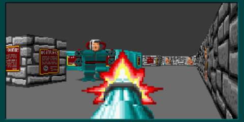 A Key Frame Showing A First-Person Perspective From Wolfenstein 3D With The Player Wielding A Weapon Against Mecha Boss