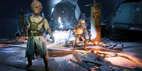 A mutant scientist and robot in a snowy wasteland, from TTRPG-inspired game Mutant Year Zero