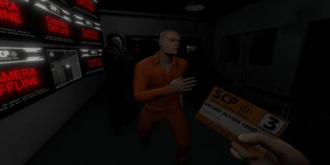 A player with a security card while their bald friend in a orange jumpsuit runs from a darkened monster in SCP: Labrat