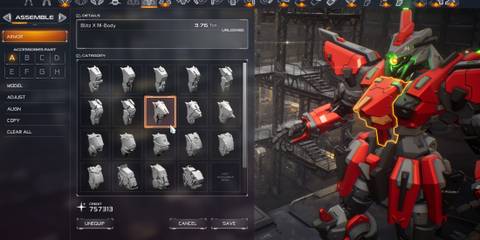 Armor customization screen showing Blitz X M-Body, one of the best games to build Mecha from scratch