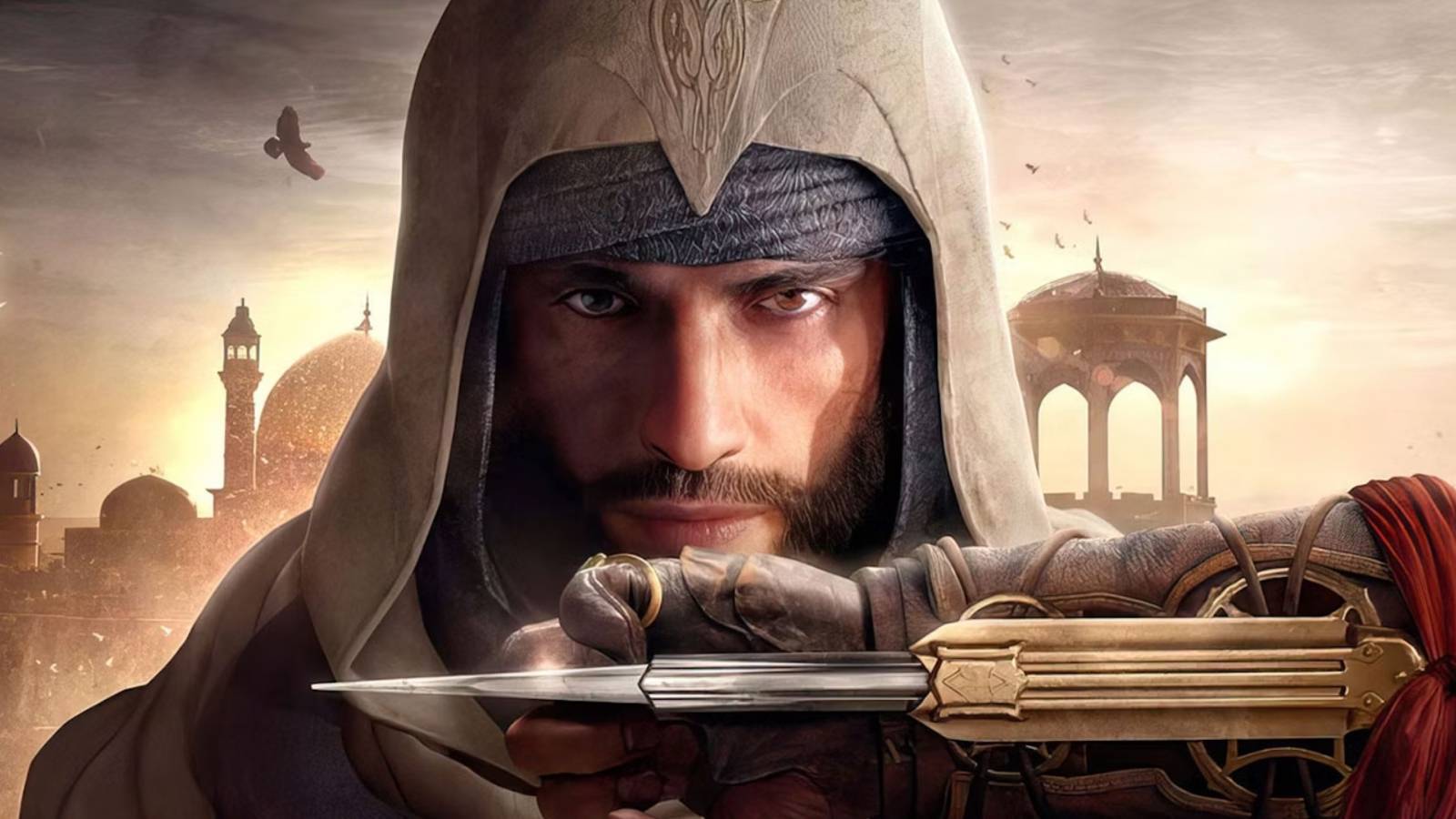 Assassin's Creed Mirage Basim holding hidden blade in front of his face