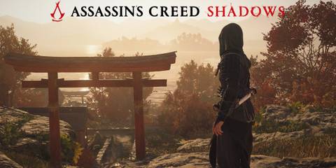 Assassin's Creed Shadows Naoe looking at Torii gate below game logo 2x1 composite