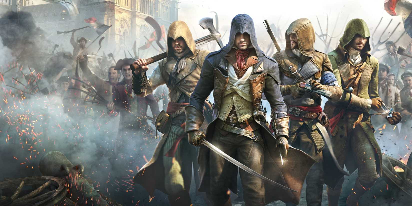 Assassin's Creed Unity charcaters standing next to one another in a crowd