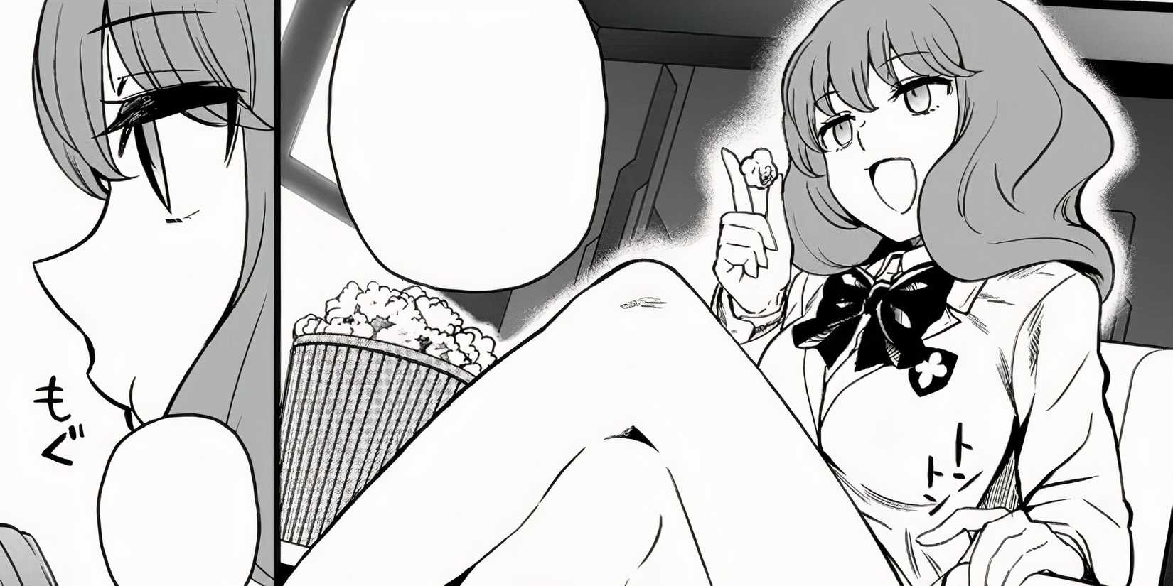 Ayu Mitsuari in the manga Astral Buddy sitting on chair looking smug.