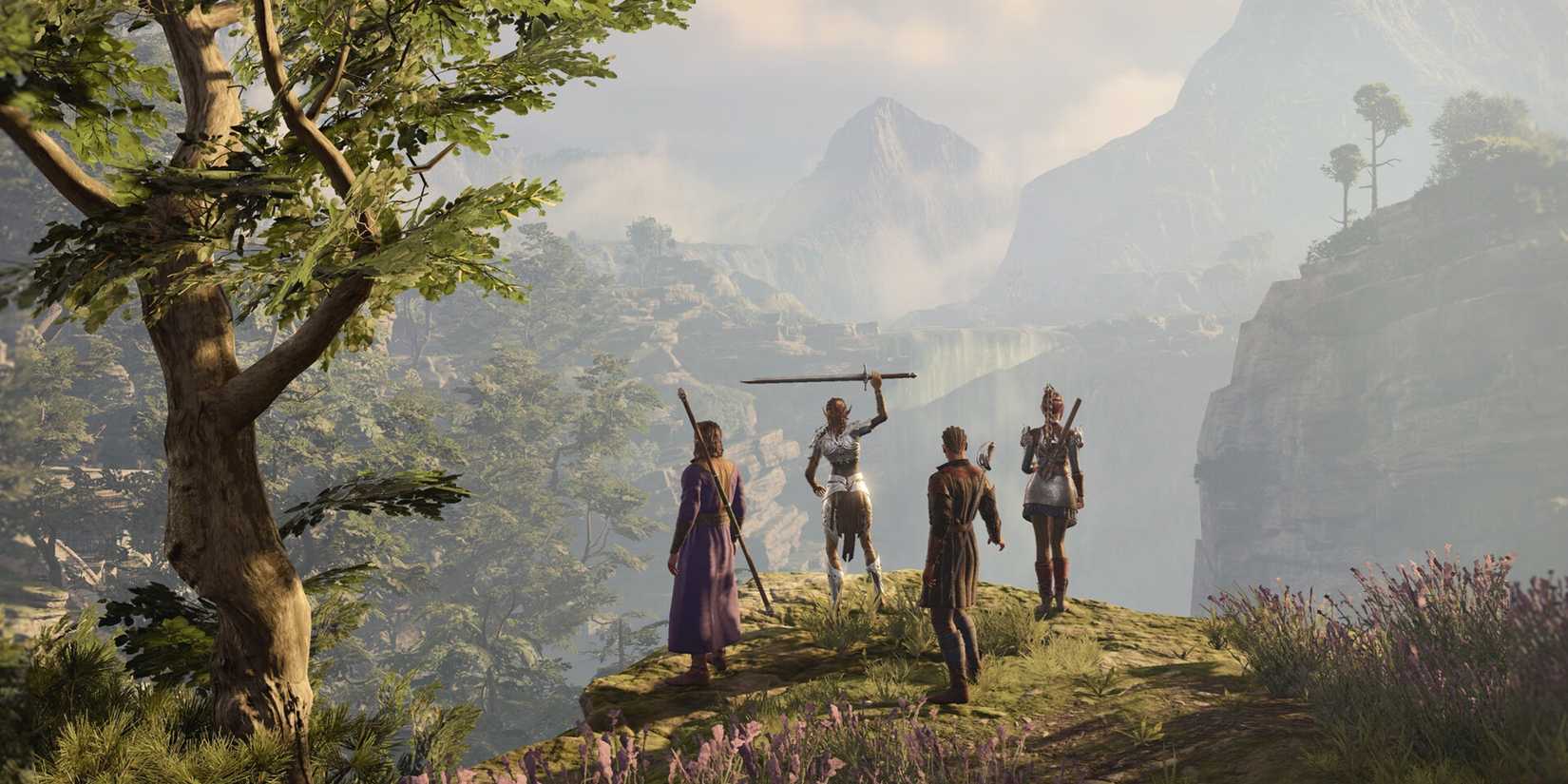 baldurs gate 3 party celebrating on cliff