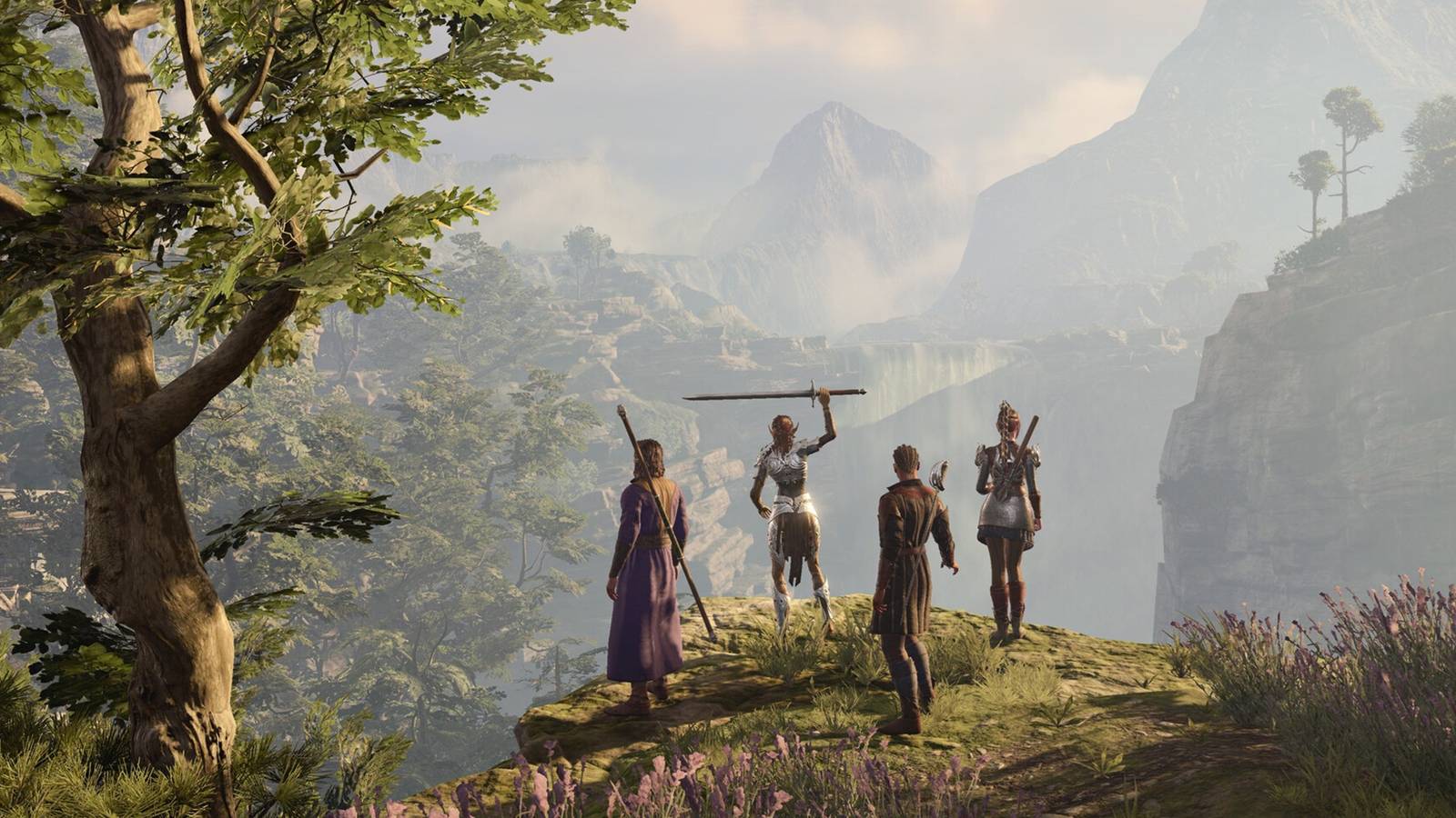 baldurs gate 3 party celebrating on cliff