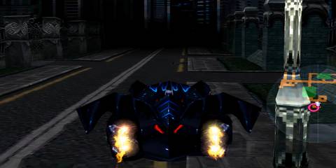 The Batmobile going through Gotham City in Batman & Robin