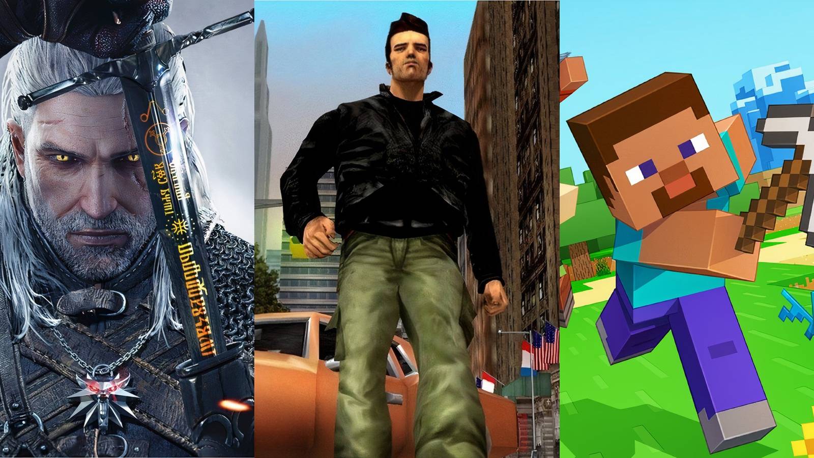 Feature image depicting Witcher 3, GTA 3, and Minecraft