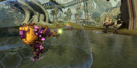 Borderlands 3 Moze Iron bear Mech Fighting Giant Alien DInosaur on Planet Eden-6 Floodmoor Basin Region