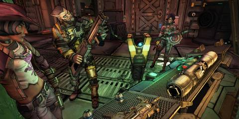The four protagonists at a weapon's chest in Borderlands: The Pre-Sequel