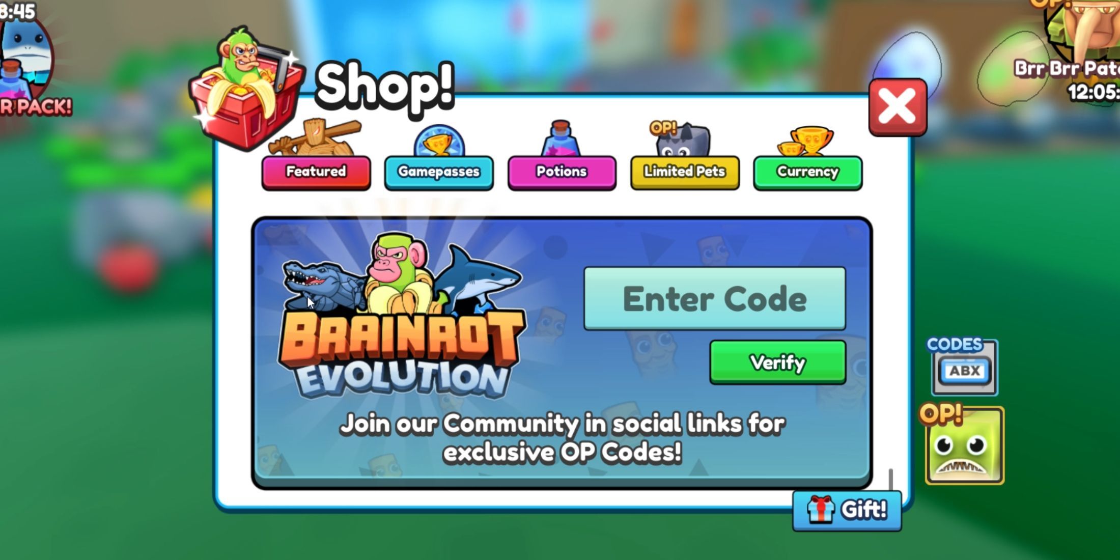 Brainrot Evolution the codes tab