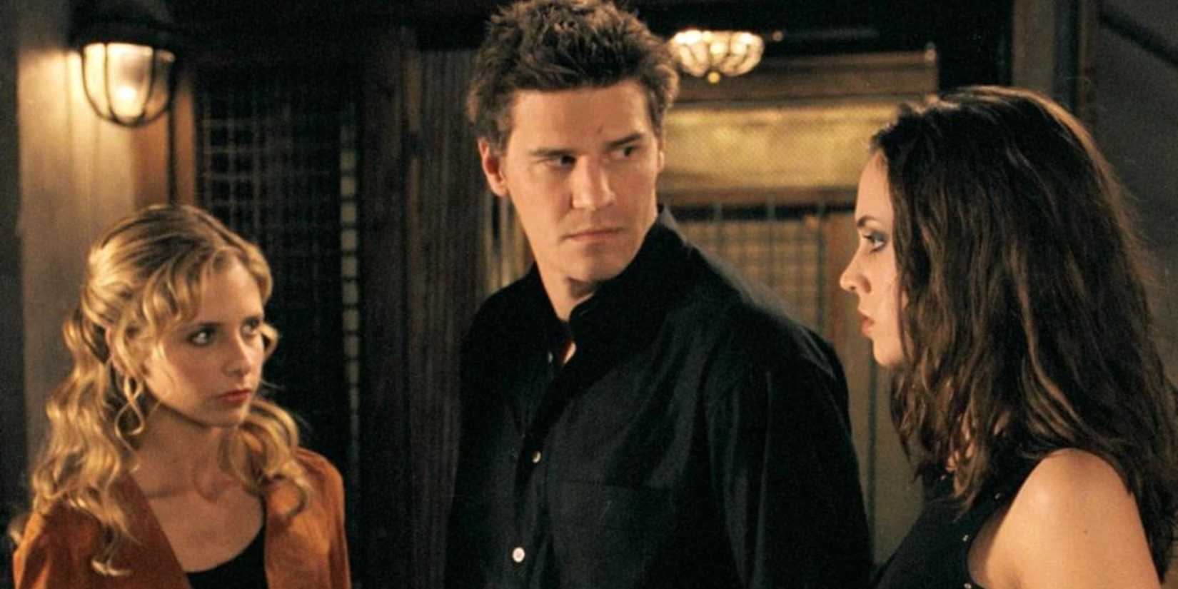 Buffy (Sarah Michelle Gellar), Angel (David Boreanaz), and Faith (Eliza Dushku) on Buffy the Vampire Slayer