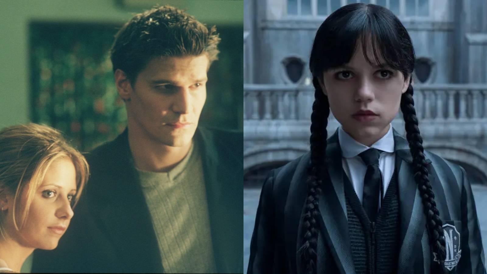 Split image of Buffy and Angel on Buffy the Vampire Slayer and Wednesday on Wednesday