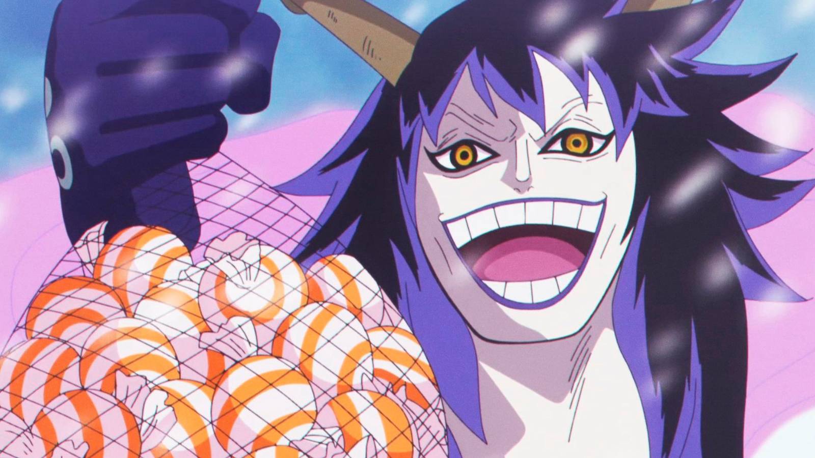 Caesar holding a bag of candy he used to experiment on kids - One Piece