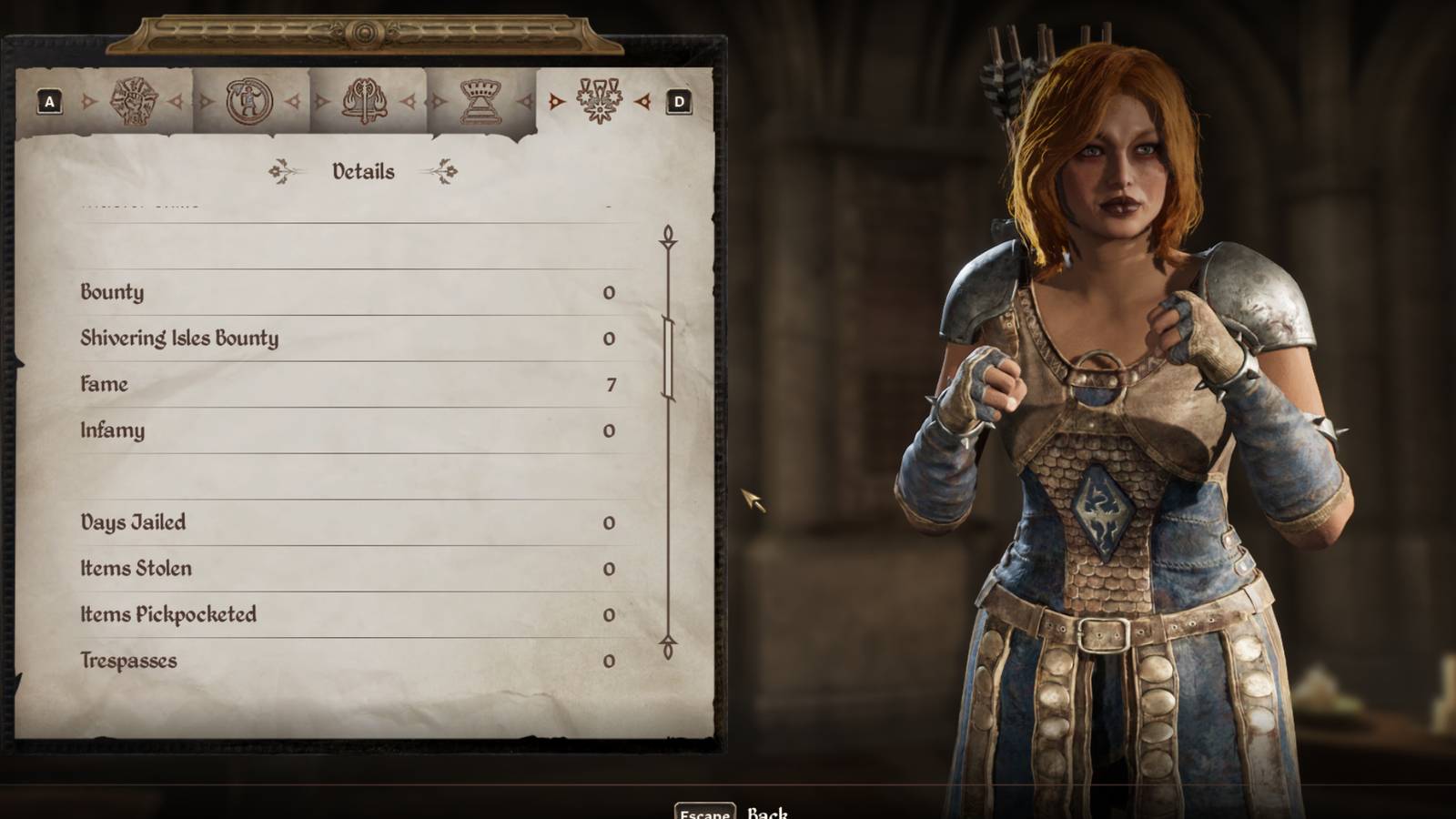 Character with 7 Fame and 0 Infamy, showing clean record stats in Oblivion Remastered