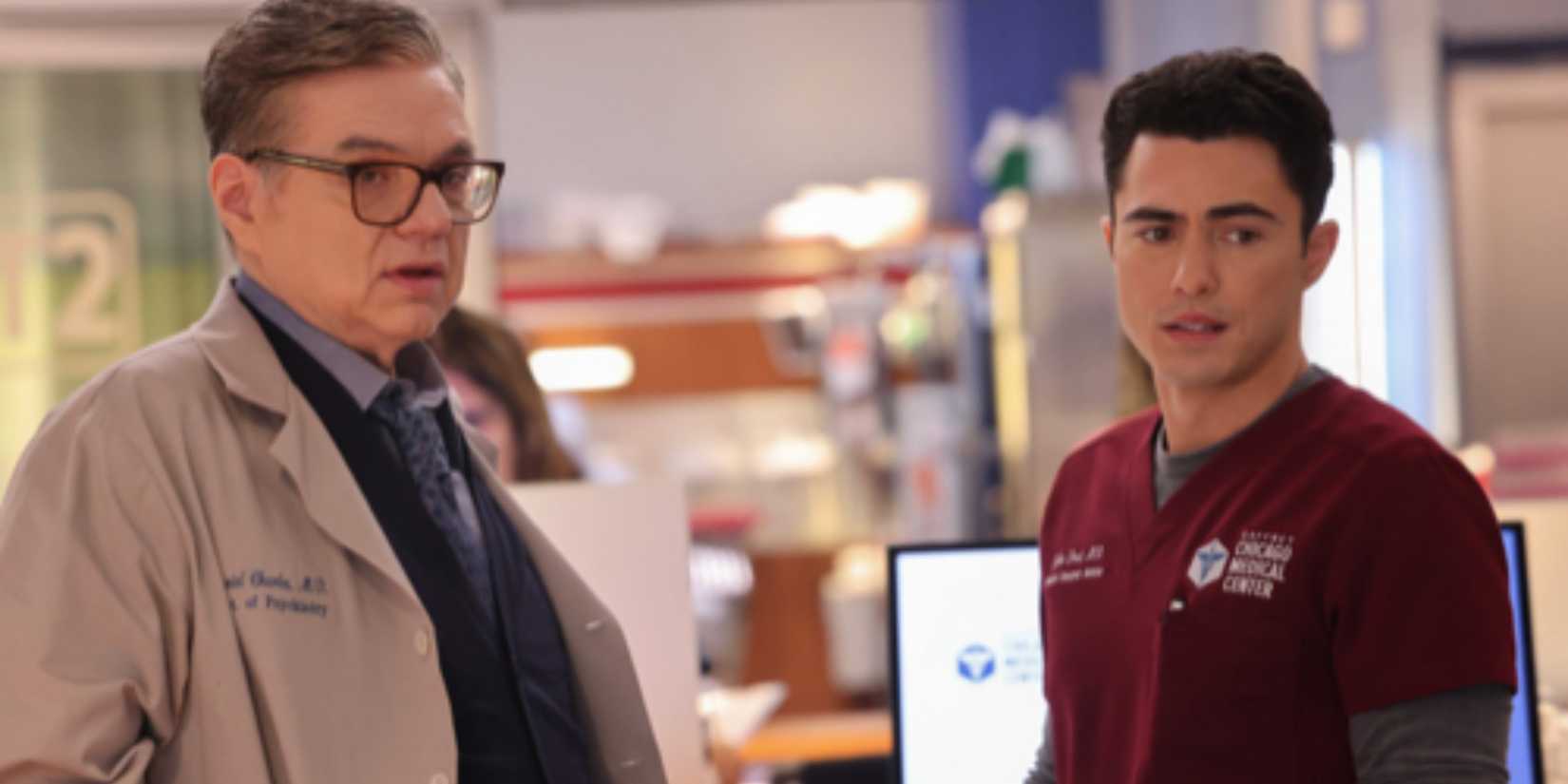 Dr. Daniel Charles (Oliver Platt) and Dr. Nick Frost (Darren Barnet) on Chicago Med