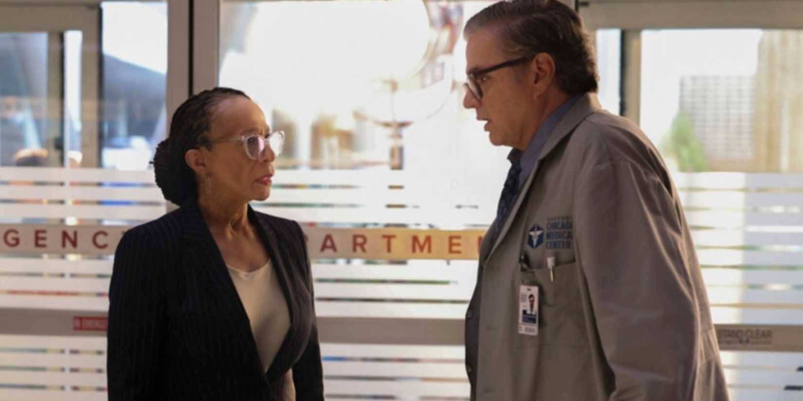 Sharon Goodwin (S. Epatha Merkerson) and Dr. Daniel Charles (Oliver Platt) on Chicago Med
