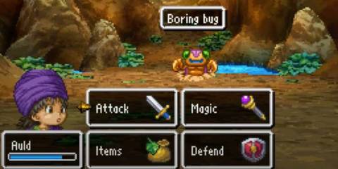 Child protagonist named Auld prepares to battle a Boring Bug enemy in Dragon Quest V's turn-based combat