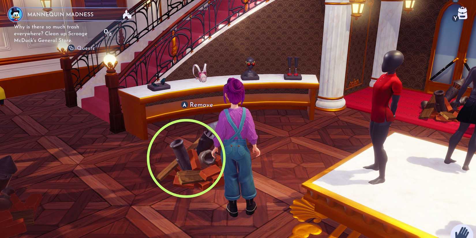 Cleaning  up trash in Scrooge's store in Disney Dreamlight Valley Mannequin Madness quest