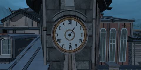 clock tower outside the house in blue prince