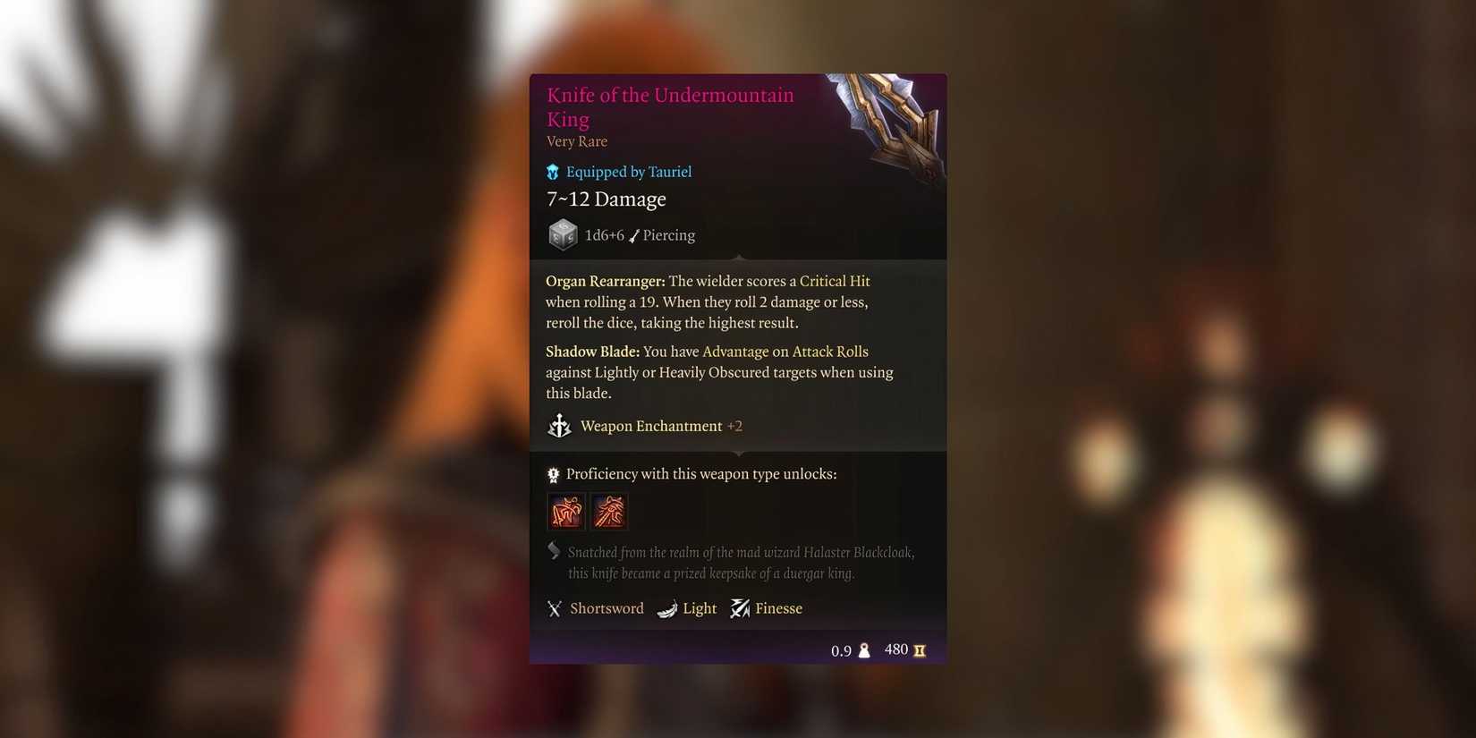 Item description for Knife of the Undermountain King in Baldur's Gate 3